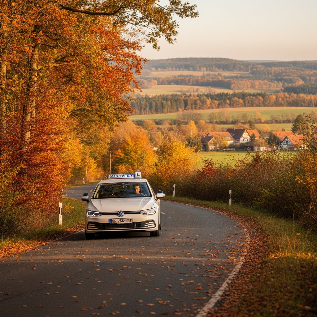 Ein Fahrschulauto fährt auf einer von herbstlichen Bäumen gesäumten Landstraße durch eine hügelige Landschaft.